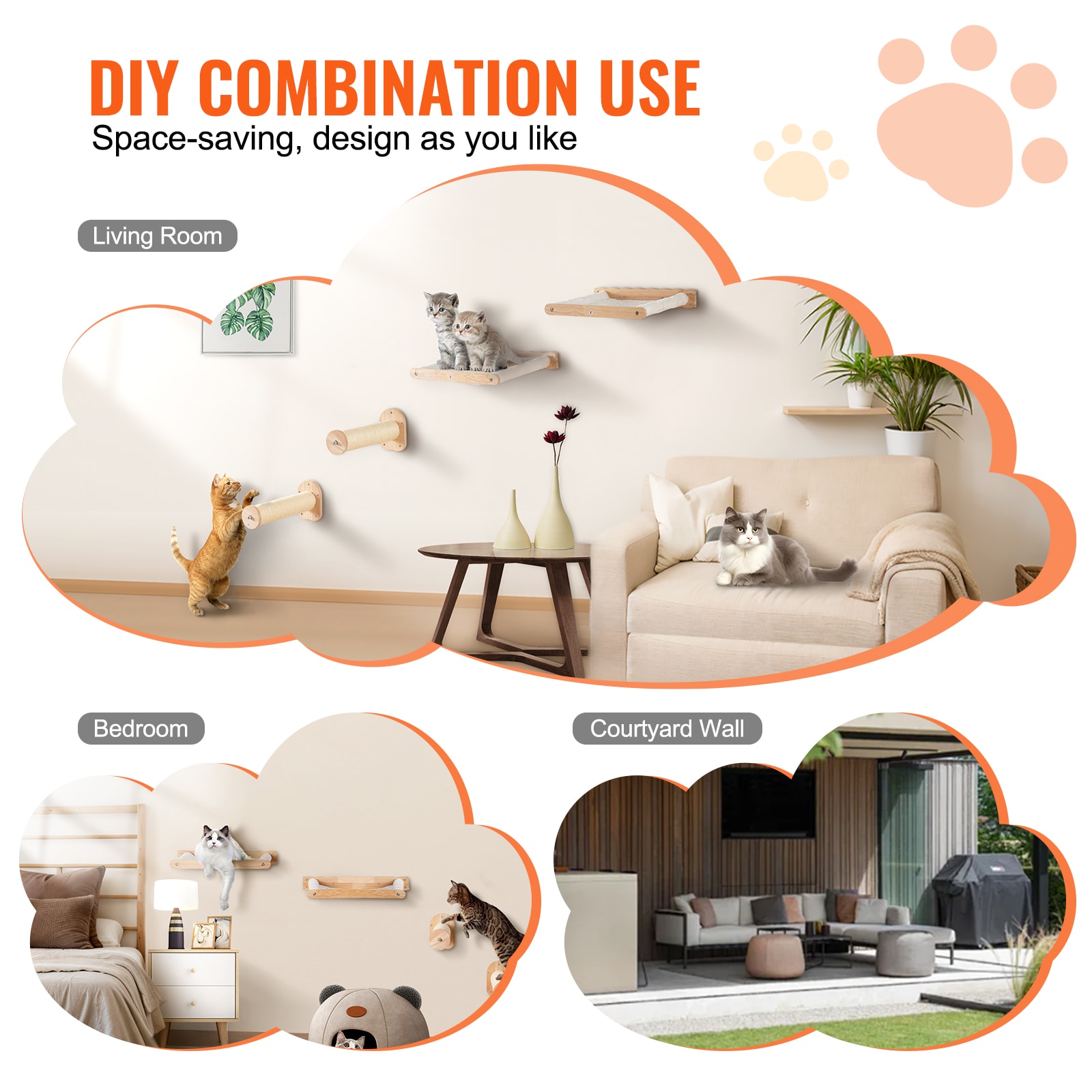 Wall Mounted Cat Shelves With 2 Jumping Posts & 2 Hammocks Up To 40 Lbs_voghion.com